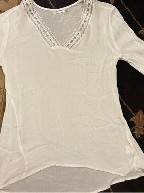 Paper Scissors Sheer White V-Neck Tunic Coverup with Lace Trim